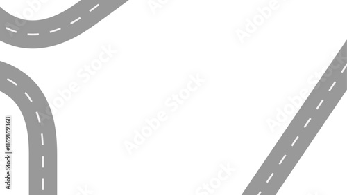 Road traffic and transportation background. Straight and curved road segments with dashed lane markings.