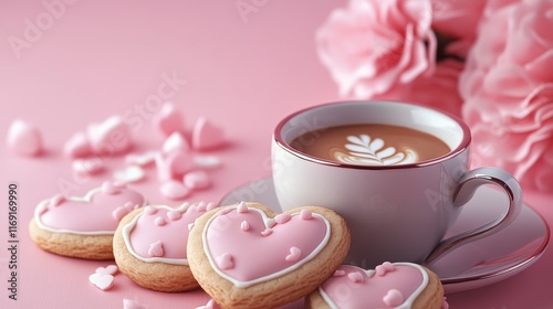 Heart-shaped cookies and coffee celebrating valentine's day photo