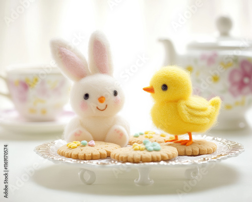 Wallpaper Mural A lively felt bunny and chick on a cookie platter, ideal for spring-themed lifestyle content. Torontodigital.ca