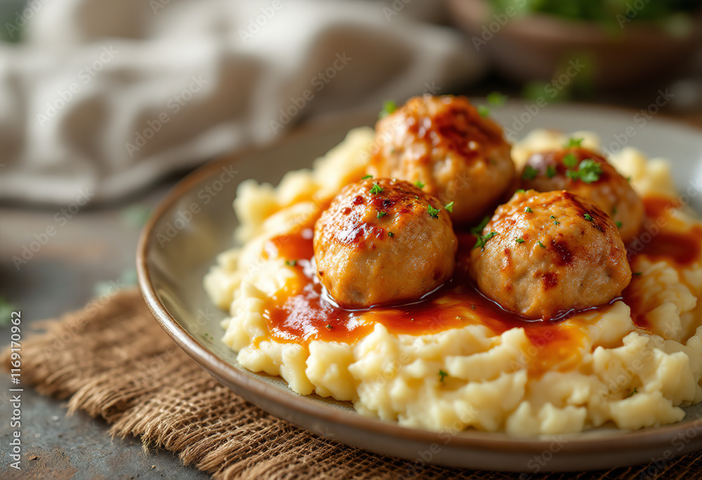 a plate with cooked chicken meatballs on top of mashed potatoes a plate with cooked chicken meatballs on top of mashed potatoes