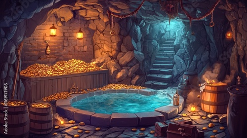 A Pirate Cave Filled With Gold Coins and a Pool photo