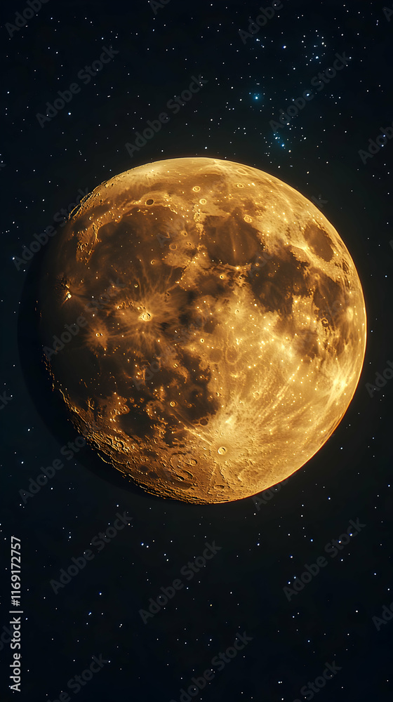 Fototapeta premium A large, orange moon dominates a dark night sky filled with stars.
