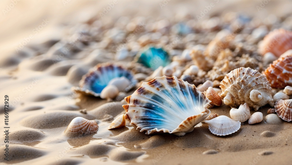 A Tranquil Scene of Seashells at Daybreak on a Peaceful Beach A Tranquil Scene of Seashells at Daybreak on a Peaceful Beach