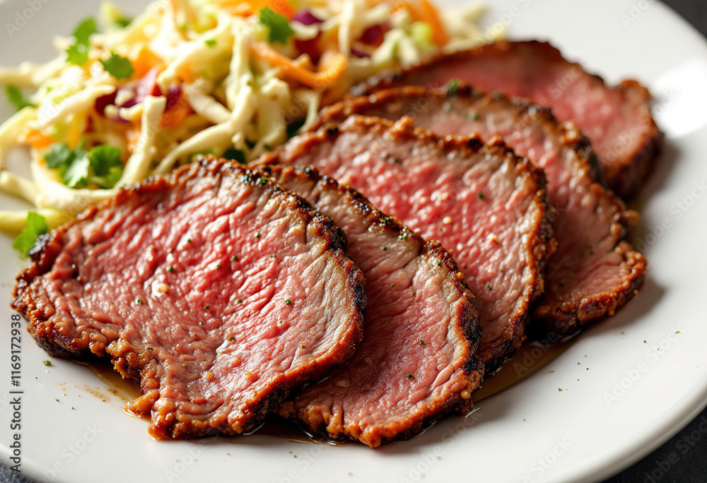 A white plate with thin slices of roast beef seasoned with salt and pepper, served with a coleslaw salad A white plate with thin slices of roast beef seasoned with salt and pepper, served with a coleslaw salad
