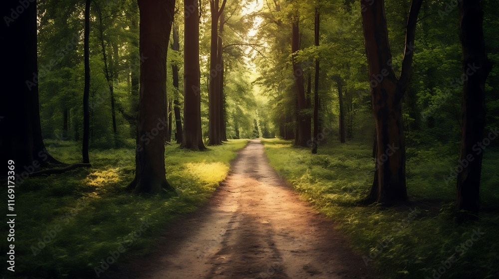 Obraz premium Sunlit Path Through A Lush Green Forest