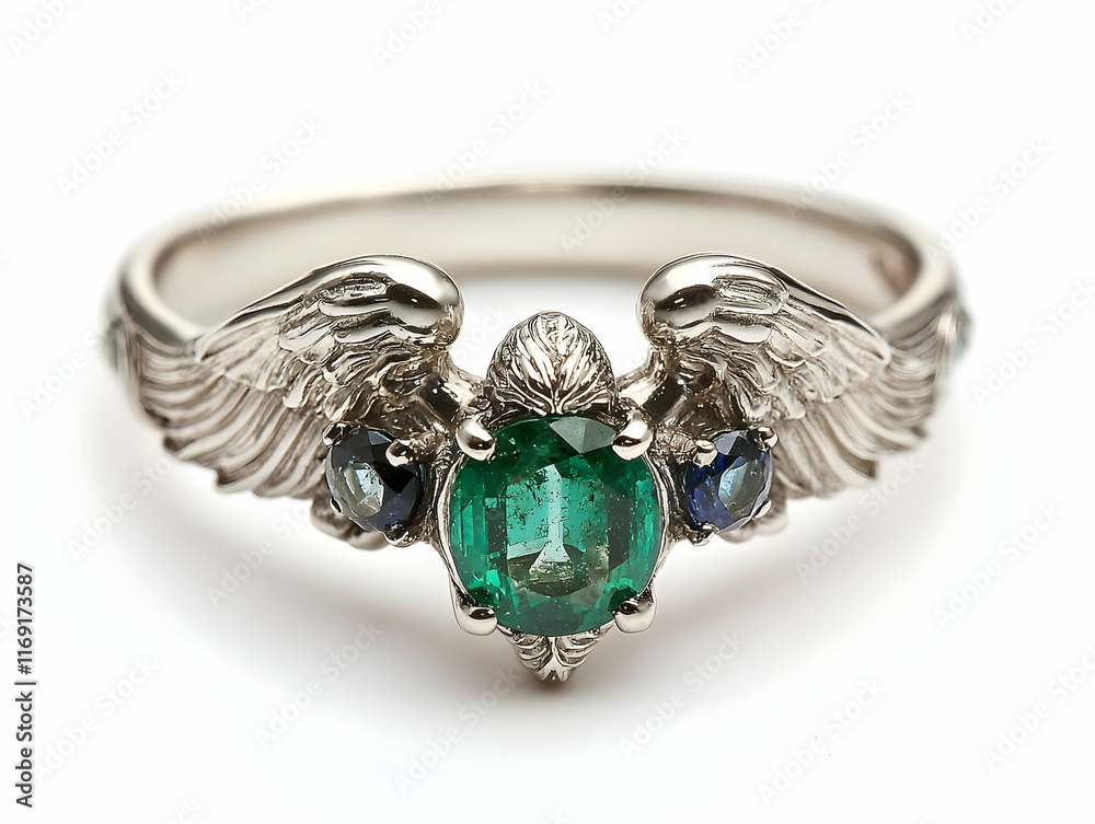 Emerald Gemstone Ring with Wings: A Realistic Product Image