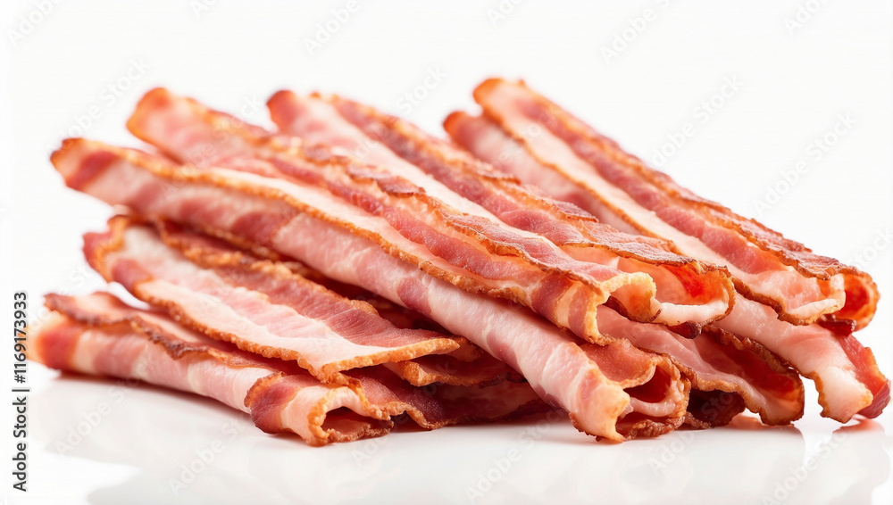 A Top View of Three Crispy Bacon Slices Isolated on a Bright White Background A Top View of Three Crispy Bacon Slices Isolated on a Bright White Background
