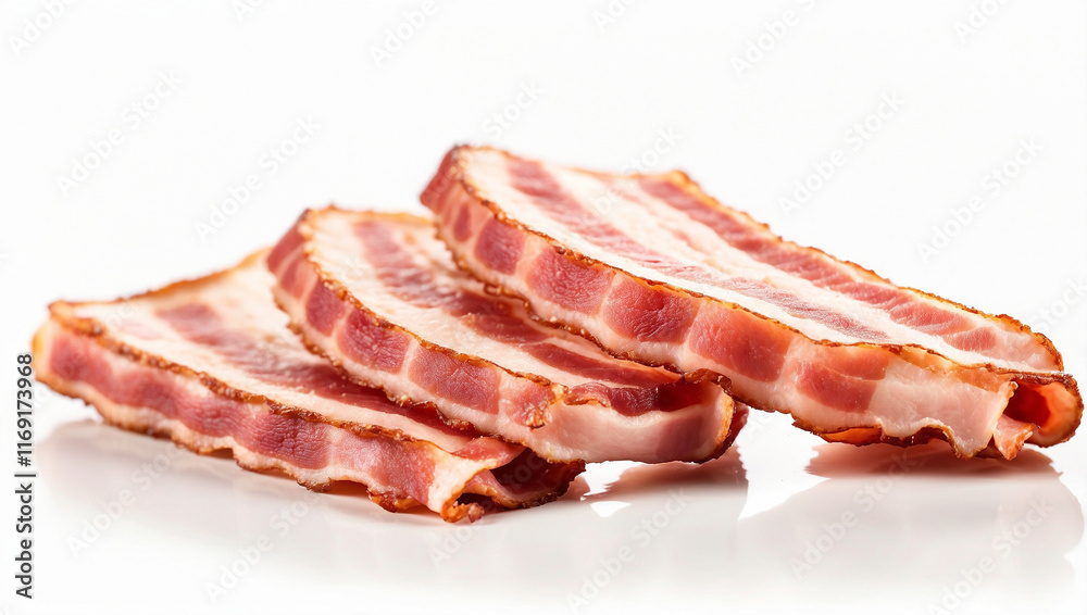 Three Delicious Slices of Crispy Bacon Isolated on a Clean White Background Three Delicious Slices of Crispy Bacon Isolated on a Clean White Background