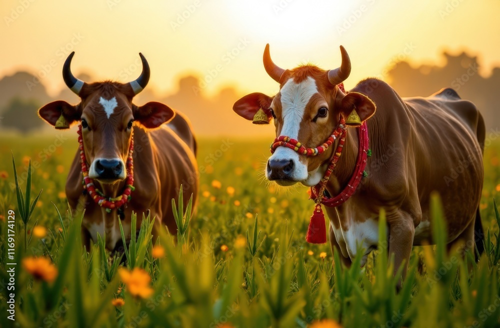 A picturesque scene of a sunlit paddy field with decorated cows, adorned with colorful garlands and bells, for Mattu Pongal A picturesque scene of a sunlit paddy field with decorated cows, adorned with colorful garlands and bells, for Mattu Pongal