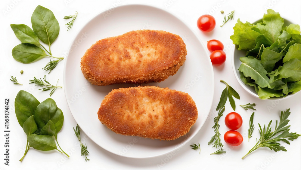 A Top View of a Delicious Chicken Cutlet Isolated on a Clean White Background A Top View of a Delicious Chicken Cutlet Isolated on a Clean White Background