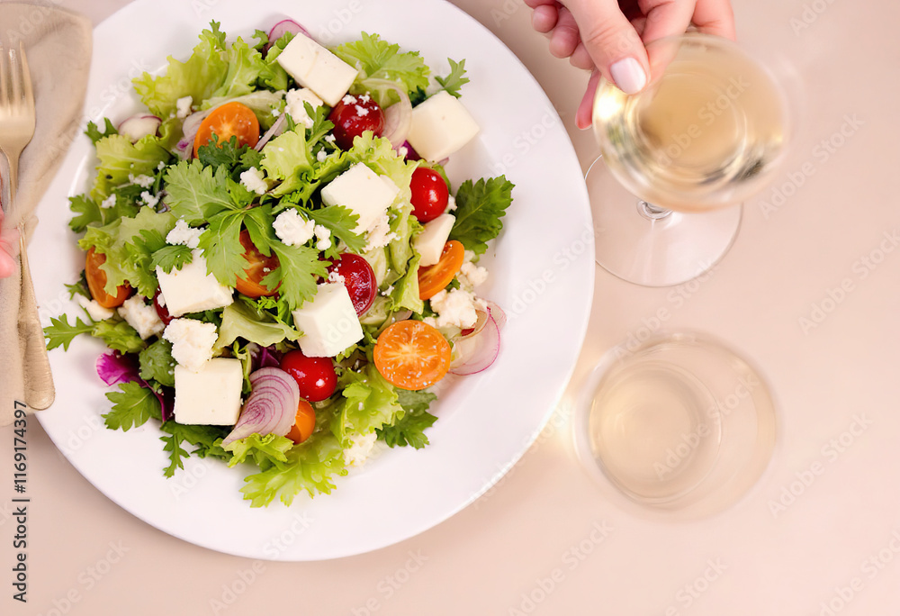 Caesar salad served with white wine on glass Caesar salad served with white wine on glass