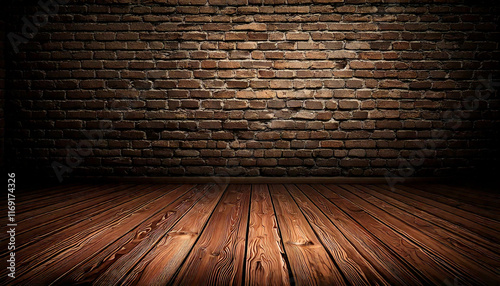 stock photo features a rustic background with a red brick wall texture and a wooden floor, creating a warm and inviting atmosphere
 photo