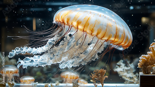 Majestic orange jellyfish gracefully floats in aquarium, showcasing translucent bell and long tentacles.