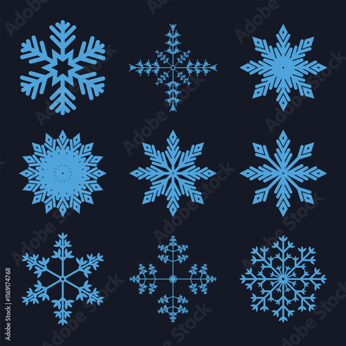 Snowflake icons isolated on a deep blue background. Vector illustration