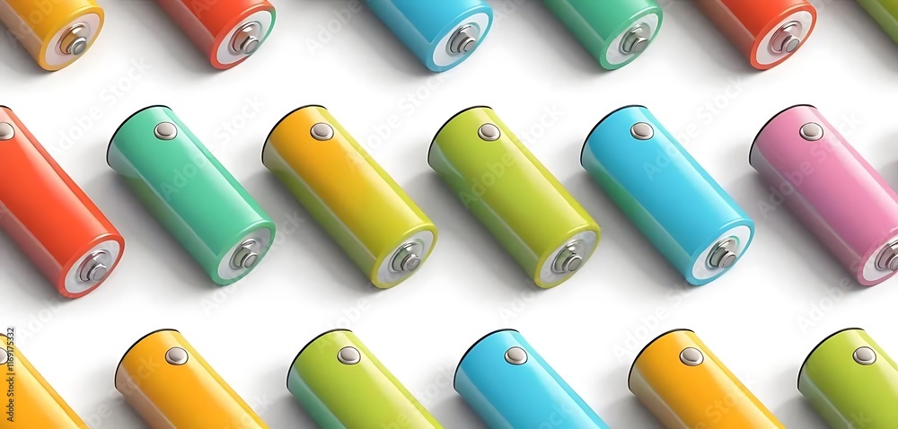 Colorful Batteries Arranged in a Pattern on White Background Colorful Batteries Arranged in a Pattern on White Background