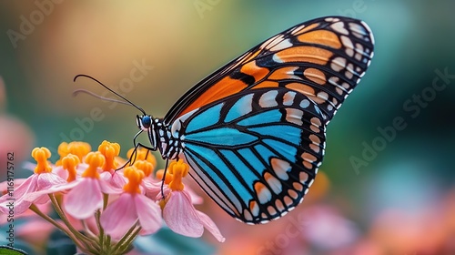 A high-resolution close-up of a colorful butterfly resting on a blooming flower. The butterfly’s wings showcase intricate patterns in vibrant hues of blue, orange, and black.