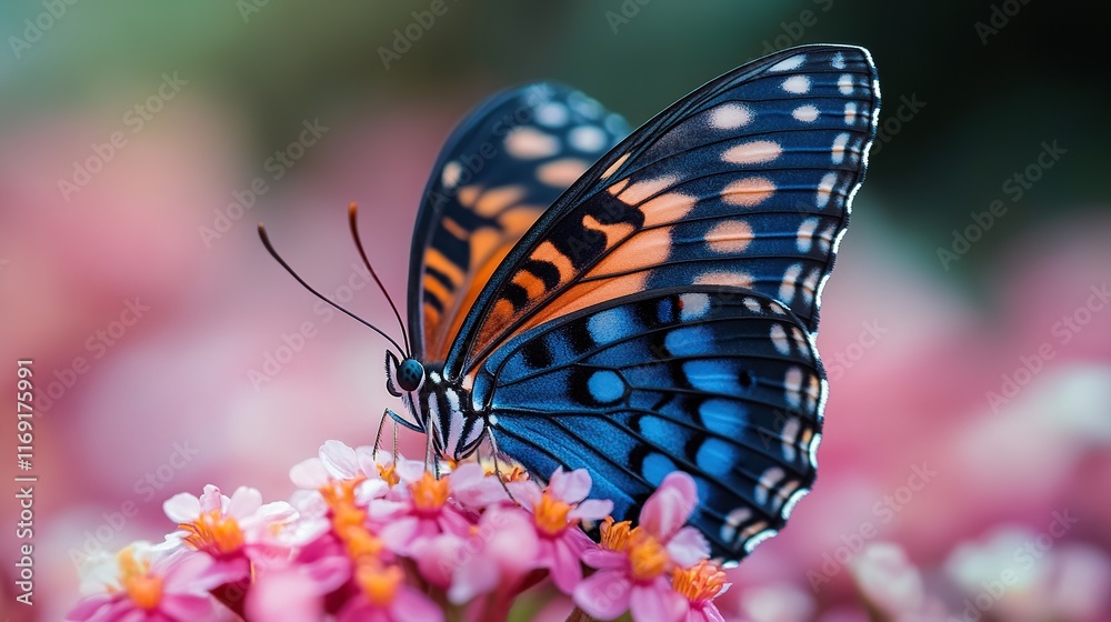 Obraz premium A high-resolution close-up of a colorful butterfly resting on a blooming flower. The butterfly’s wings showcase intricate patterns in vibrant hues of blue, orange, and black.