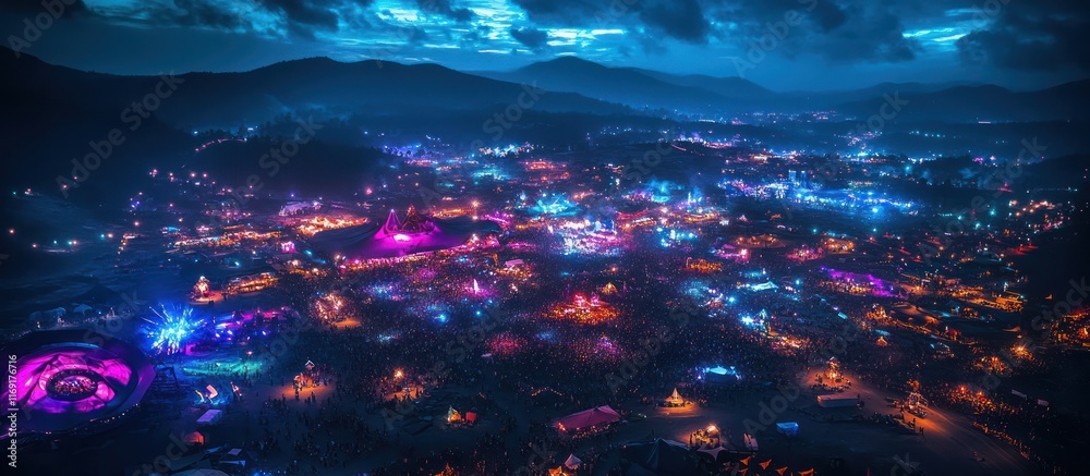 Fototapeta premium Aerial night view of illuminated festival city in mountains.