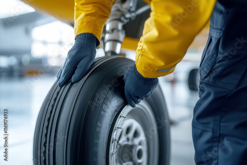 close up of Aircraft Maintenance Engineer Inspecting Airplane Tire at Airport Hangar