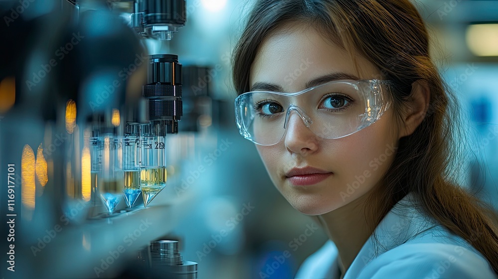 Laboratory technician performing powder flow analysis Laboratory technician performing powder flow analysis