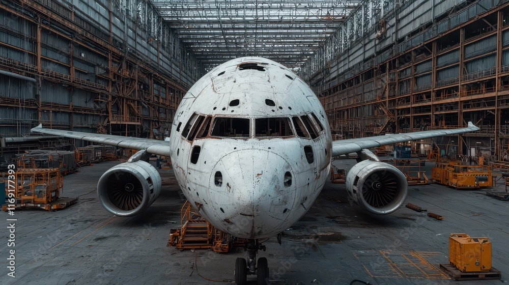 A large aircraft sits in a spacious hangar, showcasing its worn exterior and the industrial environment surrounding it. A large aircraft sits in a spacious hangar, showcasing its worn exterior and the industrial environment surrounding it.