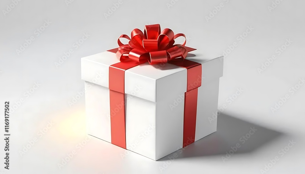A white gift box with a red ribbon bow A white gift box with a red ribbon bow