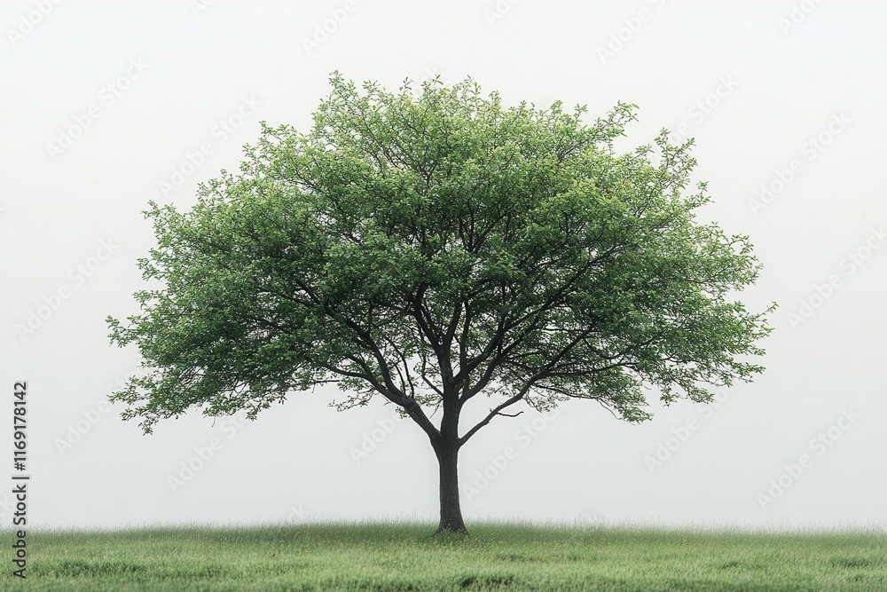 Fototapeta premium vibrant alder tree stands out against a pure white background showcasing intricate textures and vivid green leaves symbolizing growth resilience and natures beauty