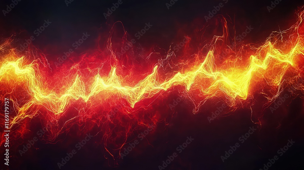 A powerful, dynamic waveform with sharp peaks and valleys in bright red and yellow, against a dark backdrop. The waveform pulses strongly, evoking the beat and intensity of high-energy music. A powerful, dynamic waveform with sharp peaks and valleys in bright red and yellow, against a dark backdrop. The waveform pulses strongly, evoking the beat and intensity of high-energy music.