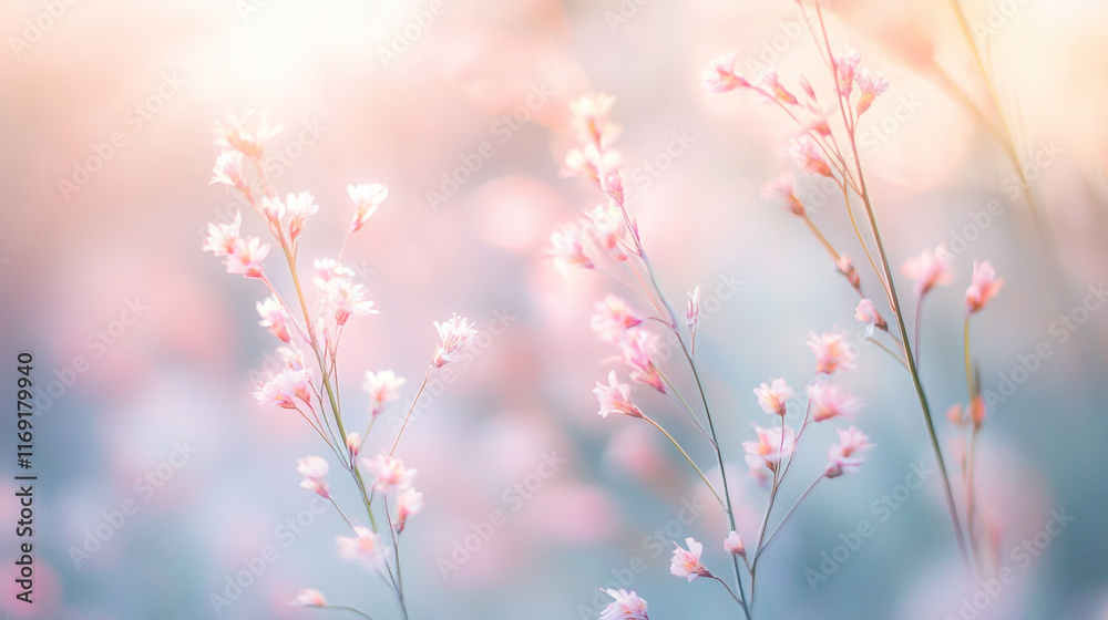 Delicate pink flowers blooming in a soft, dreamy garden setting during the golden hour Delicate pink flowers blooming in a soft, dreamy garden setting during the golden hour