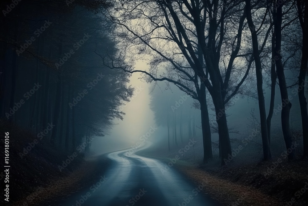 Fototapeta premium Long exposure capturing a winding road vanishing into a fog-laden forest at dusk, evoking an air of mystery and creating an atmospheric, serene landscape