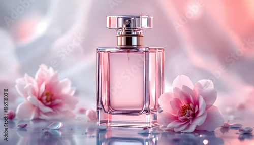 Elegant Perfume Bottle mockup with Floral Accents and Soft Bokeh Background