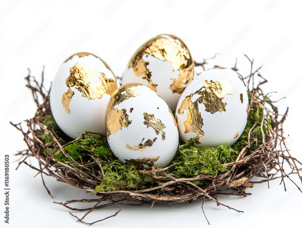 Obraz premium Easter eggs with gold leaf nestled in a rustic nest of twigs and moss.
