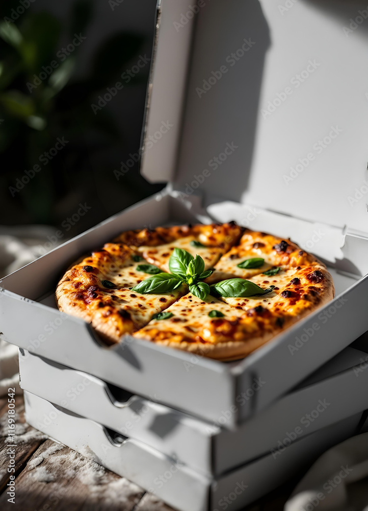 A stack of white pizza boxes with one box slightly opened, revealing a golden pizza slice with bubbling cheese and fresh basil on top