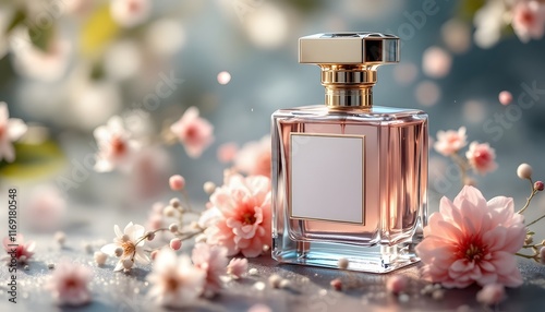 Elegant Perfume Bottle mockup with Floral Accents and Soft Bokeh Background