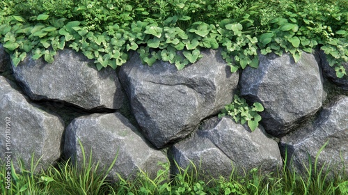 Natural stone wall with vivid green foliage outdoor garden landscape photography serene setting