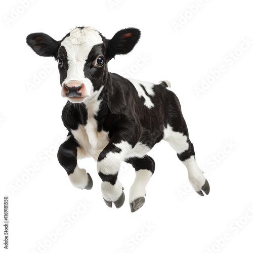 Brown and white calf jumping indoors at dusk