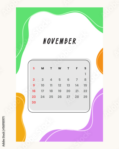 Letter calendar for November 2025. The week begins on Sunday. Time, planning and schedule concept. Flat design. Removable calendar for the month