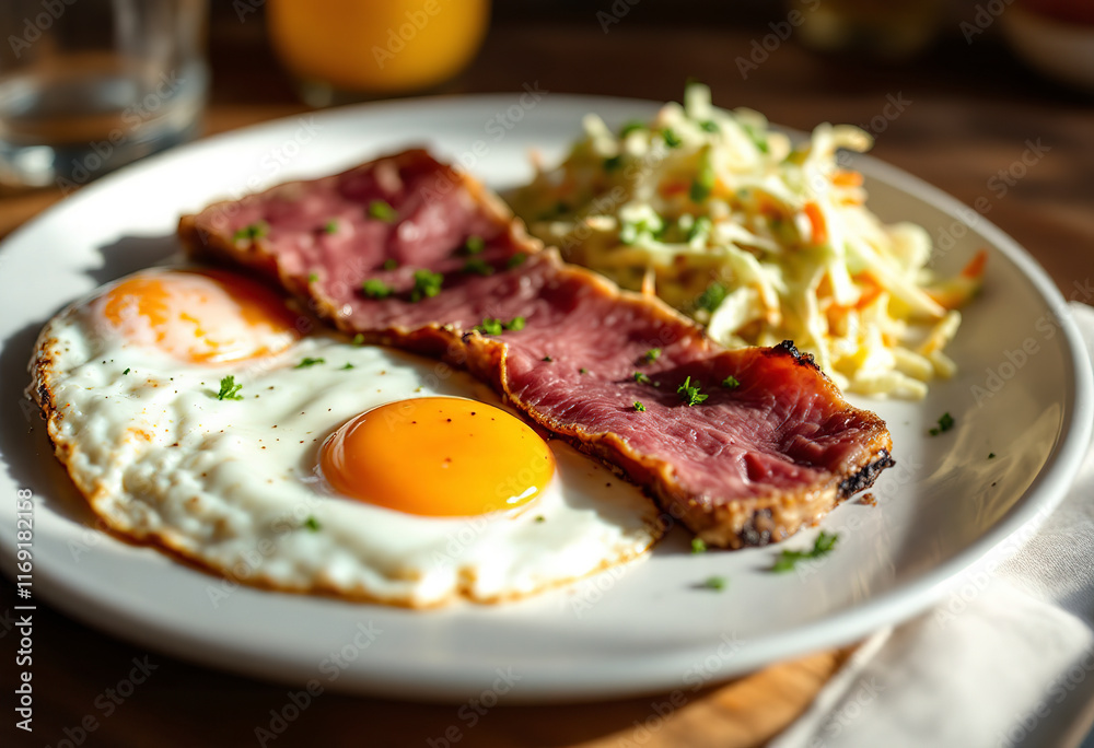 a breakfast plate with two eggs, a slice of pastrami meat, and a slice of coleslaw salad a breakfast plate with two eggs, a slice of pastrami meat, and a slice of coleslaw salad