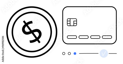 Dollar coin beside a credit card, linked by a digital progress bar and indicator. Ideal for finance apps, banking, online payments, budgeting tools, fintech startups, e-commerce, wealth management