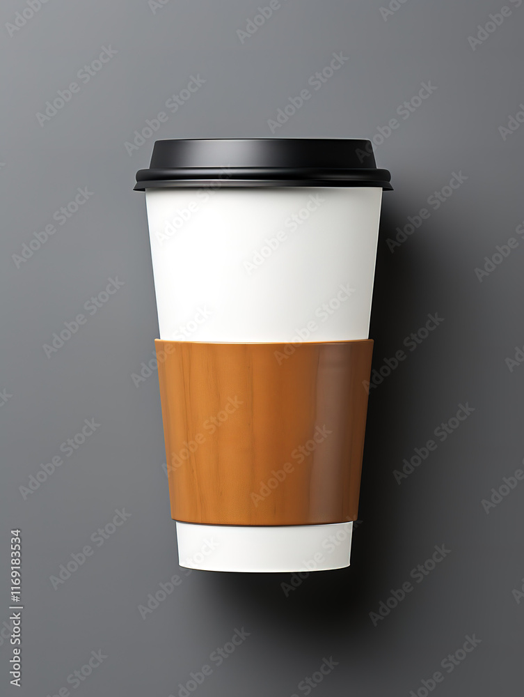 Takeout coffee cup with brown sleeve on gray background. Takeout coffee cup with brown sleeve on gray background.