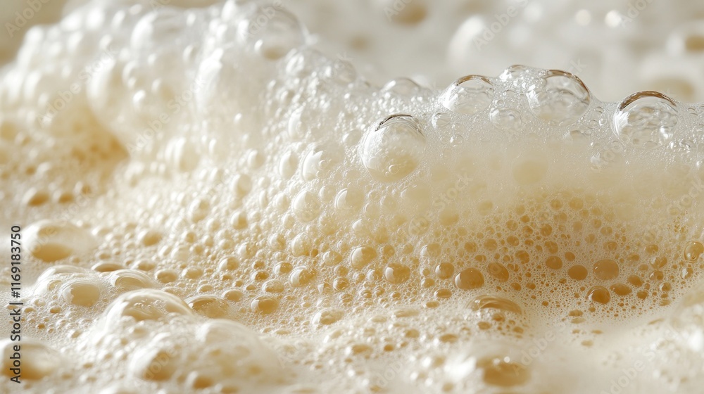 Close-up of creamy, foamy texture with air bubbles.