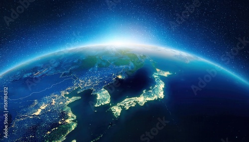 Fototapeta Naklejka Na Ścianę i Meble -  Illuminated View of Japan and East Asia at Night from Space. Stunning Earth Day Perspective Highlighting City Lights, Geographical Beauty, and the Global Importance of Sustainability and Conservation