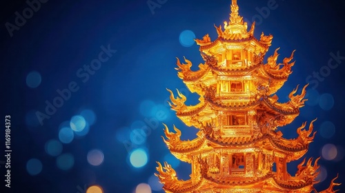 Wallpaper Mural Glowing Golden Pagoda   Enchanting Spiritual Landmark in Thailand Illuminated at Night  This ornate and intricate Buddhist temple shines brightly under the starry sky Torontodigital.ca
