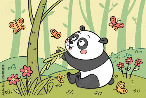 A cartoon-style drawing of a panda eating bamboo in a forest, surrounded by butterflies and flowers