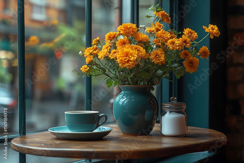 Wallpaper Mural Beautifully Arranged Cafe Table With Flowers, Sugar, and a Cup of Coffee by the Window in a Cozy Ambiance Torontodigital.ca