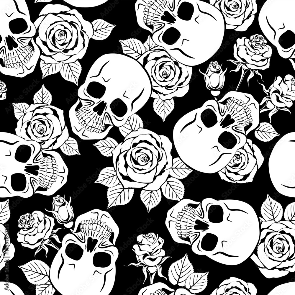skulls and roses.Seamless pattern. Texture for fabric, wrapping, wallpaper. Decorative print. Vector illustration