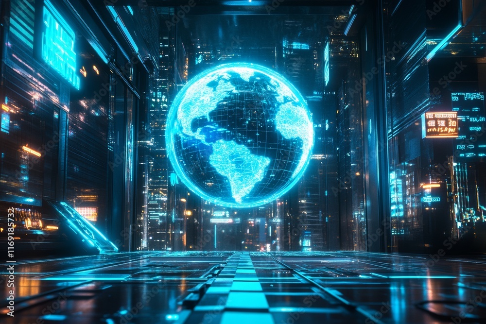 Global Network: Futuristic Cityscape with Holographic Earth