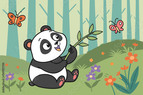 A cartoon-style drawing of a panda eating bamboo in a forest, surrounded by butterflies and flowers