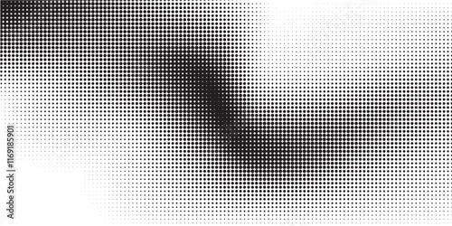 Comic halftone wave background. Dotted curved flow wallpaper. Abstract textured fluid backdrop. Black grit pop art swoosh element for poster, banner, overlay, card, brochure, flyer, leaflet.