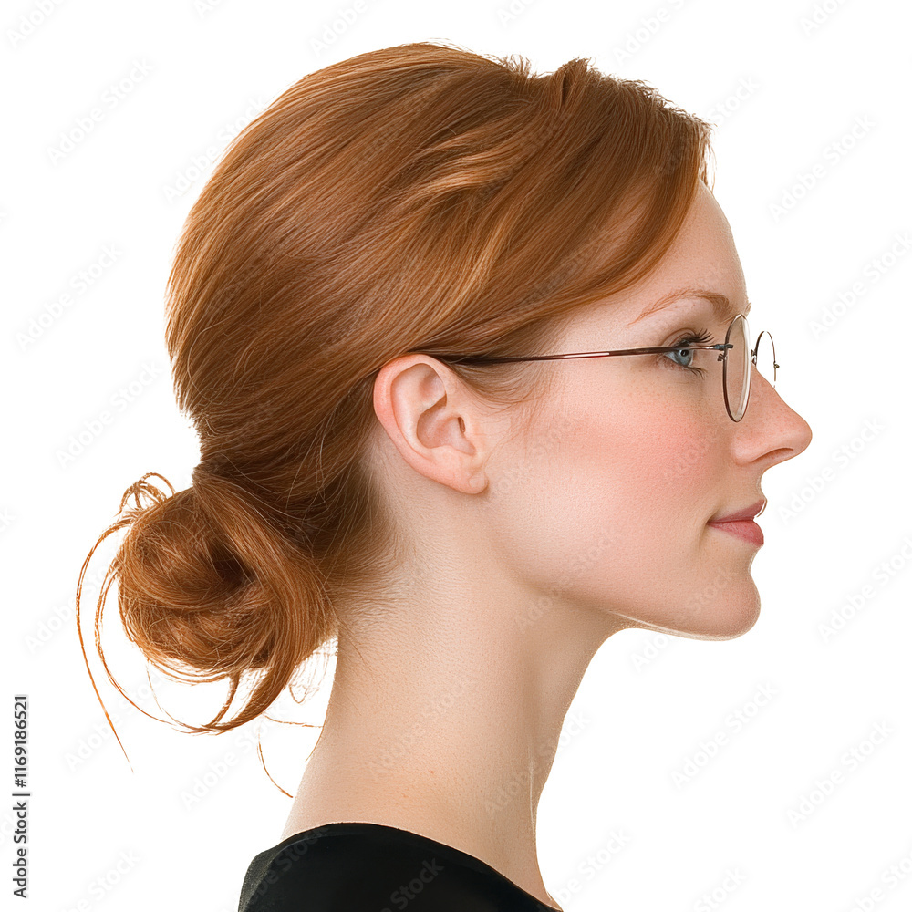 Profile view of a woman with red hair and glasses Profile view of a woman with red hair and glasses